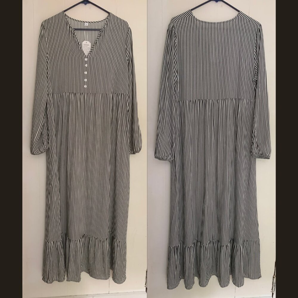 NWT black and white stripe long sleeve babydoll maxi dress with bottom ruffle